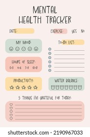 Mental health tracker. Printable template. Vector illustration