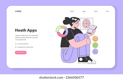 Mental health tracker web banner or landing page. Character using electronic gadget to monitor and control stress level and mood. Anxiety or depression treatment. Flat vector illustration