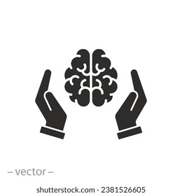 mental health treatment icon, brain with human hands, psychology care, help psychotherapy, flat symbol on white background -vector illustration