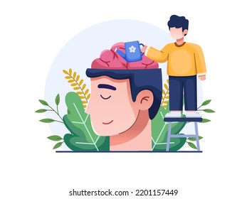 Mental health treatment illustration concept with a man watering brain of a people.
Brain Development concept.
Can be used for poster, banner, flyer, web, etc