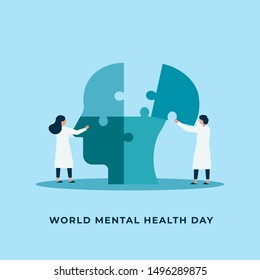 Mental Health Treatment Vector Illustration. Psychology Specialist Doctor Work Together To Fix Connecting Human Head Jigsaw Piece Puzzle For World Mental Health Day Poster Background Concept.