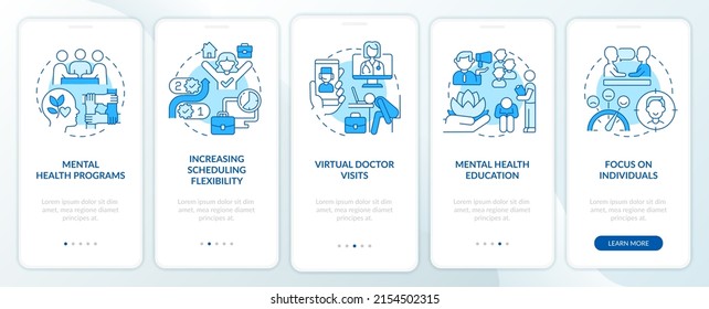 Mental health trends at work blue onboarding mobile app screen. Therapy walkthrough 5 steps graphic instructions pages with linear concepts. UI, UX, GUI template. Myriad Pro-Bold, Regular fonts used