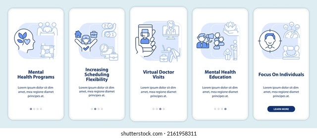 Mental health trends at work light blue onboarding mobile app screen. Walkthrough 5 steps graphic instructions pages with linear concepts. UI, UX, GUI template. Myriad Pro-Bold, Regular fonts used