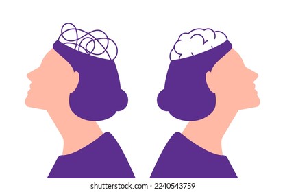 mental health. Two female portraits with confused thoughts and brain isolated on white background
