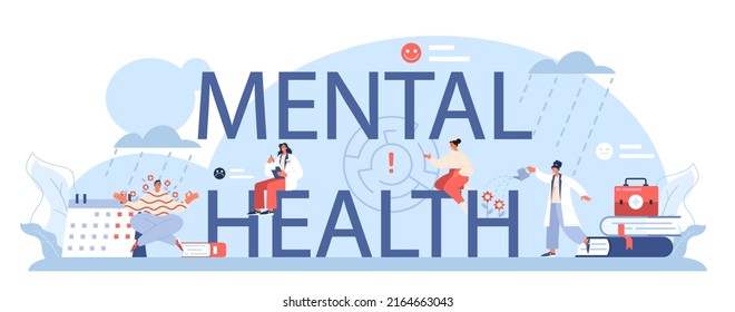 Mental health typographic header. Psychologist treating human mind. Psychological test and help. Thoughts and emotions analysis. Vector illustration in cartoon style