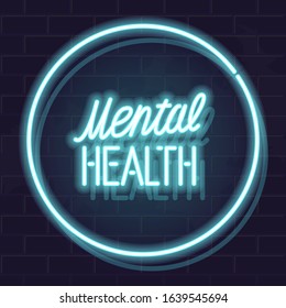 Mental health typography in neon circle. Isolated vector glowing handwritten lettering on brick wall background. Square illustration for social network, poster.