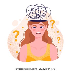 Mental health uncertainty. Woman does not know answer to question. Psychology and emotions, awareness. Chaos and mess metaphor. Poster or banner for website. Cartoon flat vector illustration
