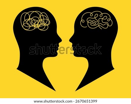 Mental health. Untangle and brain. Two human profiles facing each other with abstract brain lines symbolizing confusion and clarity, concept of communication, empathy, psychology, and mental health.