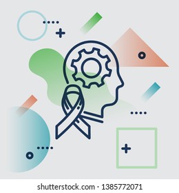 Mental health vector background illustration in trendy minimal style with abstract duo tone gradient elements, person face profile and ribbon symbol