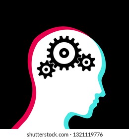 Mental health vector concept in flat style. Human head with gears inside of it. Stereoscopic icon.