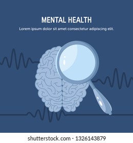 Mental health vector concept in flat style. Design with human brain and magnifying glass