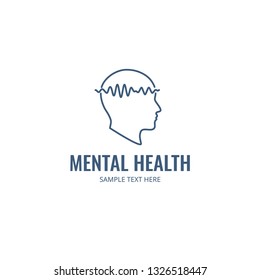 Mental Health Vector Concept In Flat Style. Logo Template With Human Head And Brain Waves