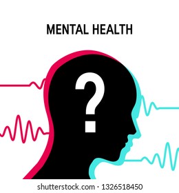 Mental health vector concept in flat style. Human head with question sign inside. Stereoscopic icon.