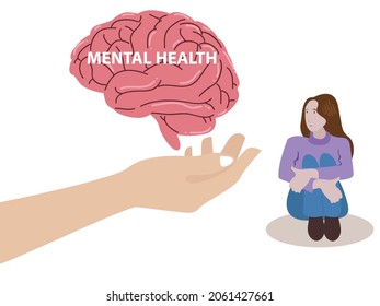 Mental health vector concept: Hand of people showing brain with mental health text to depressed woman