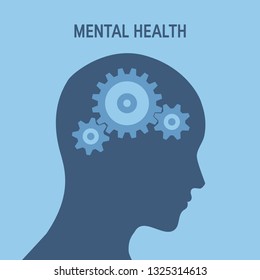 Mental health vector icon in flat style. Human head with gears inside of it