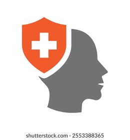 Mental health vector icon. Medical shield with cross and human head.