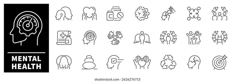 Mental health vector icons. Thin line icons set related to mental health and wellness.  Anxiety, stress, psychology, therapy, relax, wellbeing symbols