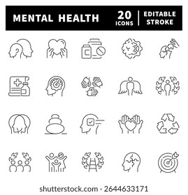 Mental health vector icons. Thin line icons set related to mental health and wellness.  Anxiety, stress, psychology, therapy, relax, wellbeing symbols