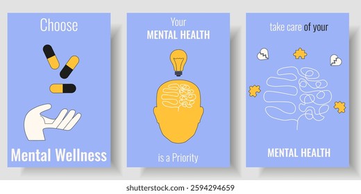 Mental Health vector illustration. Mental Health Awareness month poster cover Set. Collection of psychology care therapy theme. EPS 10	
