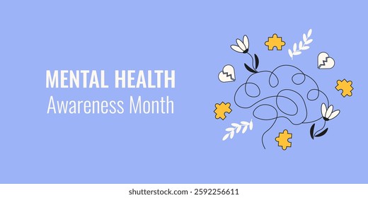 Mental Health vector illustration Banner template design. Minimal Mental Health Awareness month background cover with doodle human brain. Elegant pastel color Mental wellness theme. EPS 10	