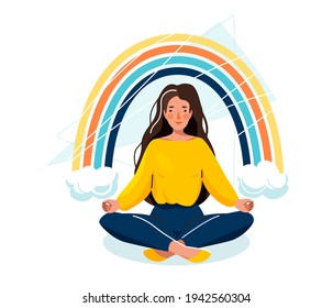 Mental health vector illustration. Beautiful happy woman sitting in yoga pose under rainbow with clouds isolated on white background. Healthy care, positive life concept in trendy flat style.