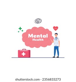 Mental health vector illustration. Character with mental disorder fight against stress, depression, emotional burnout and other psychological problems. Psychotherapy concept.