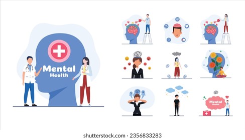 Mental health vector illustration. Character with mental disorder fight against stress, depression, emotional burnout and other psychological problems. Psychotherapy concept.