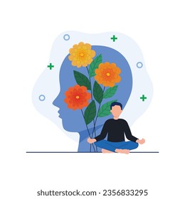 Mental health vector illustration. Character with mental disorder fight against stress, depression, emotional burnout and other psychological problems. Psychotherapy concept.