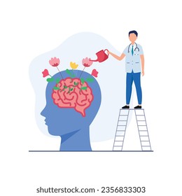 Mental health vector illustration. Character with mental disorder fight against stress, depression, emotional burnout and other psychological problems. Psychotherapy concept.