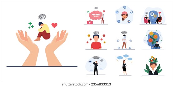 Mental health vector illustration. Character with mental disorder fight against stress, depression, emotional burnout and other psychological problems. Psychotherapy concept.