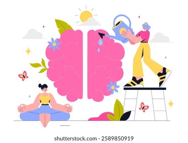 Mental Health Vector Illustration Featuring a Brain and Flowers, Symbolizing Enjoying Life, Solving Mental Problems, and Thinking Positively