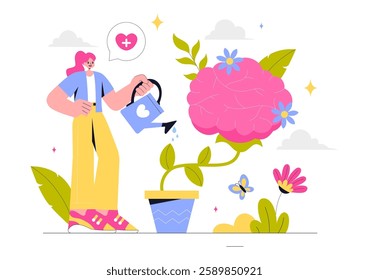 Mental Health Vector Illustration Featuring a Brain and Flowers, Symbolizing Enjoying Life, Solving Mental Problems, and Thinking Positively