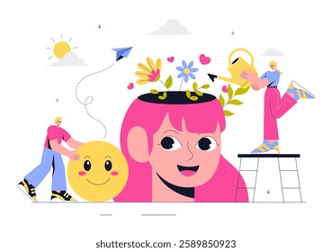 Mental Health Vector Illustration Featuring a Brain and Flowers, Symbolizing Enjoying Life, Solving Mental Problems, and Thinking Positively