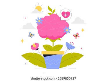 Mental Health Vector Illustration Featuring a Brain and Flowers, Symbolizing Enjoying Life, Solving Mental Problems, and Thinking Positively