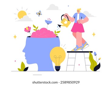 Mental Health Vector Illustration Featuring a Brain and Flowers, Symbolizing Enjoying Life, Solving Mental Problems, and Thinking Positively