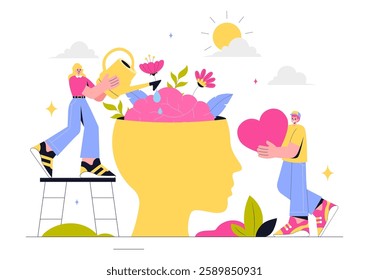 Mental Health Vector Illustration Featuring a Brain and Flowers, Symbolizing Enjoying Life, Solving Mental Problems, and Thinking Positively