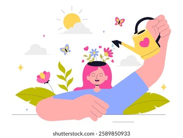 Mental Health Vector Illustration Featuring a Brain and Flowers, Symbolizing Enjoying Life, Solving Mental Problems, and Thinking Positively