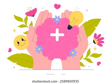 Mental Health Vector Illustration Featuring a Brain and Flowers, Symbolizing Enjoying Life, Solving Mental Problems, and Thinking Positively