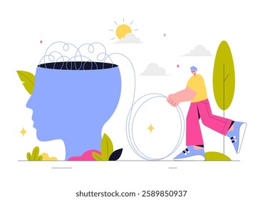 Mental Health Vector Illustration Featuring a Brain and Flowers, Symbolizing Enjoying Life, Solving Mental Problems, and Thinking Positively