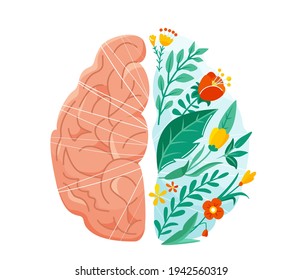 Ilustración del vector de salud mental. Concepto de cerebro humano de izquierda y derecha. Equilibrio de diseño con flor, planta y hojas de estilo simple y plano aisladas en fondo blanco