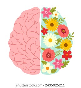 Mental health vector illustration. Left and right human brain concept. Brain design with flower, plant and leaves in flat design on white background.