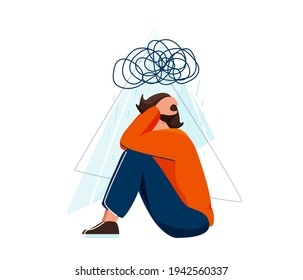 Mental health vector illustration. Sad depressed man sitting and holding his head, a cloud of chaos over him. Stress concept in flat simple style isolated on white background.