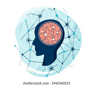 Mental health vector illustration. Silhouette of a man head with connection lines and dots. Research concept in flat simple style isolated on white background.