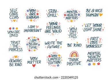 Mental health vector lettering quote set. Mindfulness phrases illustration. Self care and love isolated clipart. Positive motivational sayings for awareness day, poster, daily planner, t shirt.