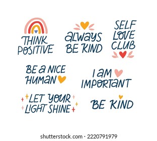 Mental health vector lettering quote set. Self care and love isolated clipart. Mindfulness phrases illustration isolated on white. Positive sayings for awareness day, poster, planner, t shirt, card.