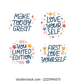 Mental health vector lettering quote set. Self care and love isolated phrase illustration isolated on white background. Positive sayings for poster, planner, t shirt print, card.