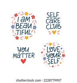 Mental health vector lettering set. Self care and love saying. Positive phrase illustration isolated on white. Typography inspirational quote for poster, t shirt print, card.