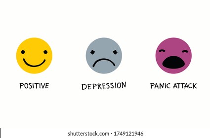 Mental health vector logos in flat style. Positive icon. Depression Icon. Panic attack icon. Cartoon faces with hand written psychological states.