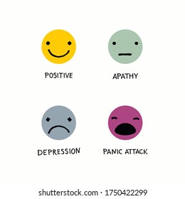 Mental Health Vector Logos In Flat Style. Positive Icon. Apathy Icon. Depression Icon. Panic Attack Icon. Cartoon Faces With Hand Written Psychological States.