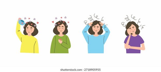Conjunto de Vectores de salud mental que muestra el contraste entre el estrés, la ansiedad y la depresión versus el cuidado personal, la curación y el crecimiento positivo en un estilo de ilustración plana